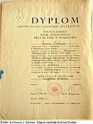 Dyplom ukończenia studiów wyższych przez Janinę Duliniec. Źródło: Archiwum Janiny Duliniec. Zdjęcie nadesłał Andrzej Cieślak