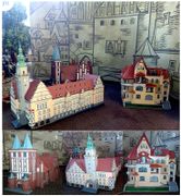 Miniatury wybranych zabytków Olsztyna: 1. Katedra, 2. Ratusz, 3. Kamienica Ottona Naujacka. Autor Henryk Drejer, mieszkaniec dzielnicy Nagórki. Ekspozycja w holu Ratusza, 18 listopada 2017 roku. Źródło: Archiwum Andrzeja Cieślaka