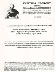 Hieronim Skurpski otrzymał Nagrodę im. Biskupa Ignacego Krasickiego w 1993 r. Źródło: Archiwum Andrzeja Cieślaka