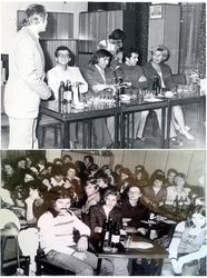 Studium Doskonalenia Ruchu Artystycznego MiMDK w 1977 roku. Zdjęcie wykonane w klubokawiarni „Słoneczna”. Od lewej: Wiesław Rogalski (dyrektor MiMDK), Bernard Janicki, Wacław Kosowicz, Andrzej Cieślak Źródło: Archiwum Andrzeja Cieślaka